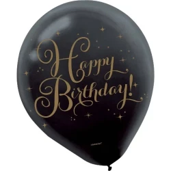 Gold & Black Latex Balloon - Happy Birthday - Pack of 15