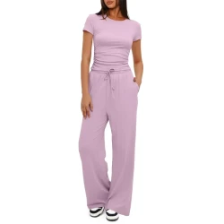 Solid Color Yoga Set: Short-sleeve Top & High-waisted Wide-leg Pants