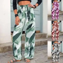 Leaf Print Drawstring Beach Pants