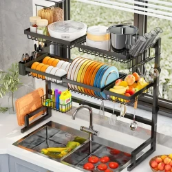 Three-Tier Kitchen Storage Rack - Spacious Sink Rack with Bowl Plate Warehouse, Knife Holder, and Retractable Adjustment