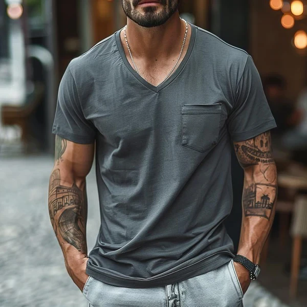 V-Neck Cotton Blend Patch Pocket Short Sleeve T-Shirt