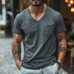 V-Neck Cotton Blend Patch Pocket Short Sleeve T-Shirt