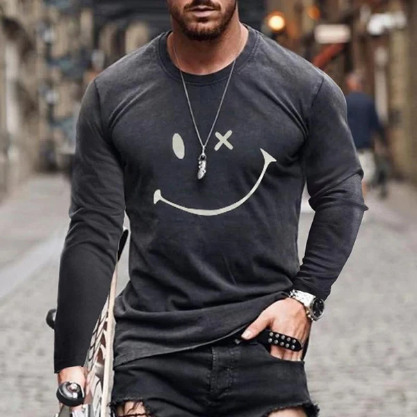 Men's Casual Smiley Printed Round Neck Long Sleeve T-Shirt