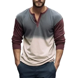 Casual Color Block Gradient Print Henley Neck Long Sleeve T-Shirt