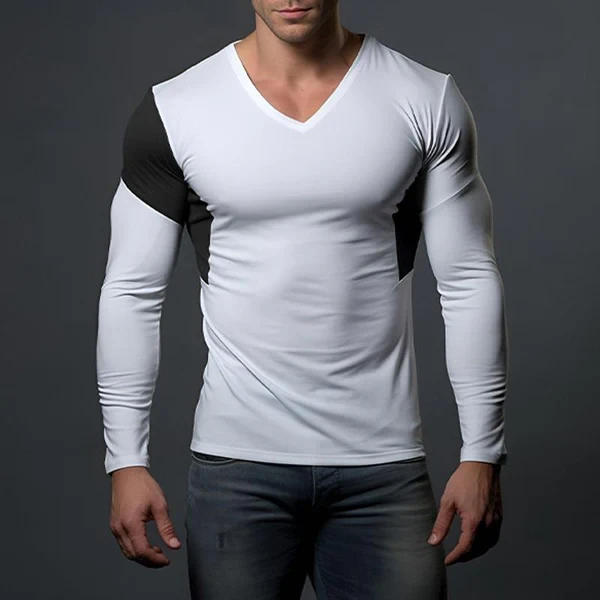 Men's Casual V-Neck Color Block Long Sleeve T-Shirt