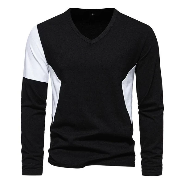 Men's Casual V-Neck Color Block Long Sleeve T-Shirt