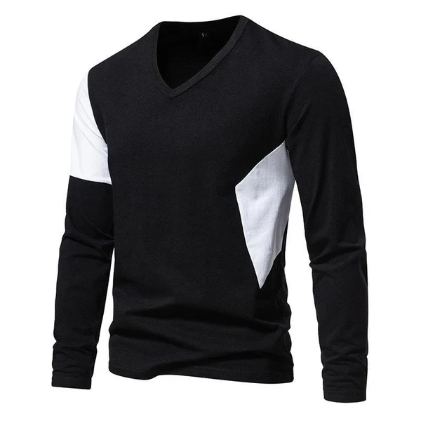 Men's Casual V-Neck Color Block Long Sleeve T-Shirt