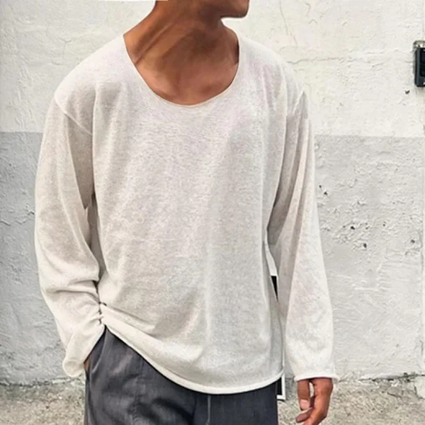 Men's Casual Cotton Blended Round Neck Loose Long Sleeve T-Shirt