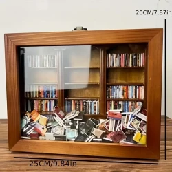 3D Wooden Bookshelf Miniature with 100 Mini Books - Rustic Shaker Decor