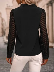 V-neck Long-sleeved Chiffon Shirt Lace Stitching Solid Color Tops