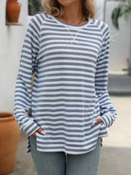 Striped Contrast Color Round Neck Long Sleeve Loose-fitting T-shirt Top