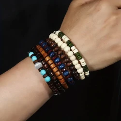 Set Vintage Style Bohemian Wooden Beaded Bracelets