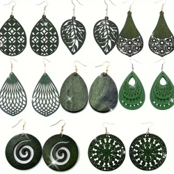 Set Wooden Carved Pattern Dangle Earrings