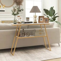 Narrow Console Table, 2-Tier Entryway Sofa Table With Storage, Golden Metal Frame With Wood Top