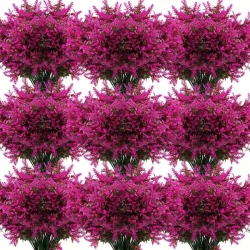 48 Bundles Artificial Lavender Flowers False Outdoor Flowers UV Resistant Plastic Artificial Plants Fake Shrubs Flowers Greenery Bushes For Outdoor Garden Home Porch Box Decor (Fuchsia)