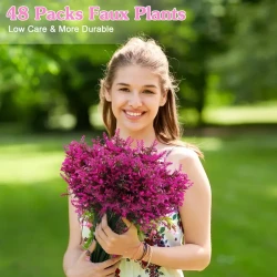 48 Bundles Artificial Lavender Flowers False Outdoor Flowers UV Resistant Plastic Artificial Plants Fake Shrubs Flowers Greenery Bushes For Outdoor Garden Home Porch Box Decor (Fuchsia)