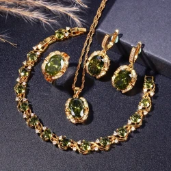 Elegant And Sparkling Geometric Cubic zirconia Necklace Bracelet Ring And Earrings Set In Retro Olive Green Color