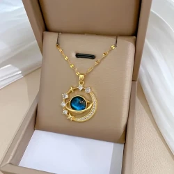 Stainless Steel Zircon Astral Blue Starry Planet Moon Pendant Necklace