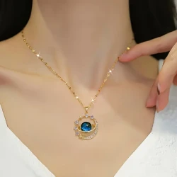 Stainless Steel Zircon Astral Blue Starry Planet Moon Pendant Necklace