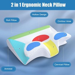 1pc Memory Foam Cervical Pillow, 2 in 1 Ergonomic Contour Orthopedic Pillow for Neck Pain, Contoured Support Pillows,Neck Pillow