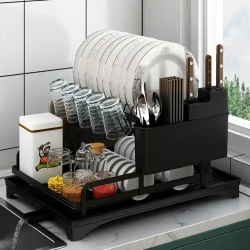 2-Tier Iron Dish Rack with Drainboard and Utensil Holder