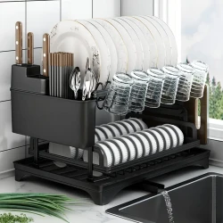 2-Tier Iron Dish Rack with Drainboard and Utensil Holder