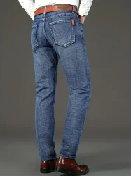 Men's Solid Denim Jeans - Light Business Style, Slightly Stretch, Straight Leg Pants