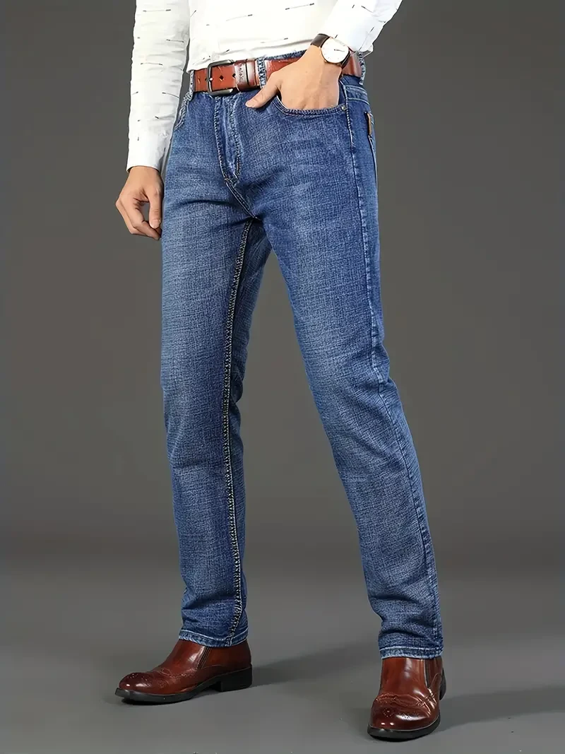 Men's Solid Denim Jeans - Light Business Style, Slightly Stretch, Straight Leg Pants