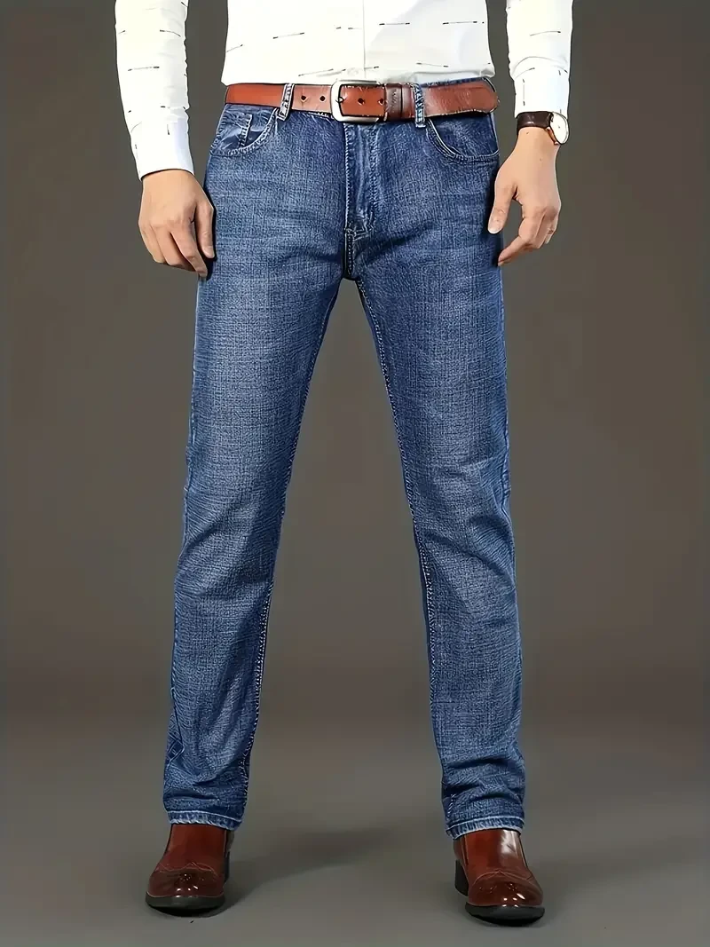 Men's Solid Denim Jeans - Light Business Style, Slightly Stretch, Straight Leg Pants