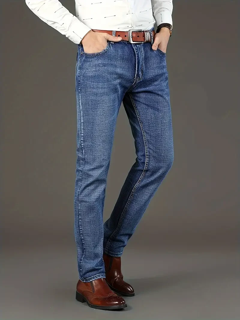 Men's Solid Denim Jeans - Light Business Style, Slightly Stretch, Straight Leg Pants