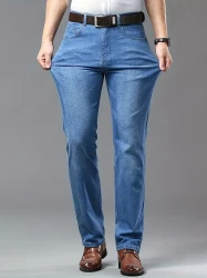 Men's Solid Thin Washed Denim Trousers - Summer Casual Jeans