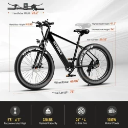 Professional Electric Bike For Adults, 26 X 4.0 Inches Fat Tire Electric Mountain Bicycle, 1000W Motor 48V 15Ah Ebike For Trail Riding, Excursion And Commute, UL And GCC Certified