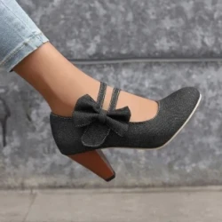 Round Toe High Heels Denim Bow