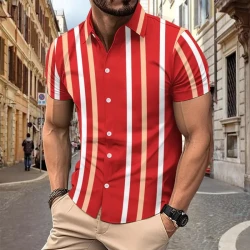 Casual Striped Printed Short Sleeve Shirt Men's Clothing