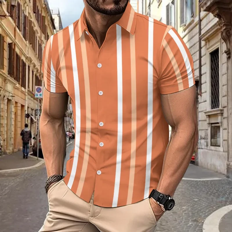 Casual Striped Printed Short Sleeve Shirt Men's Clothing