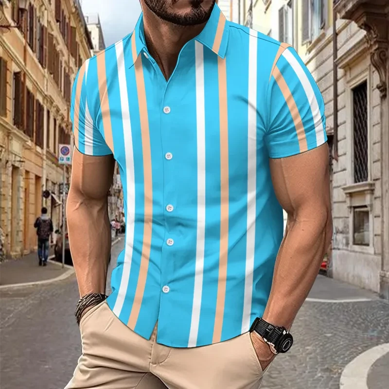 Casual Striped Printed Short Sleeve Shirt Men's Clothing