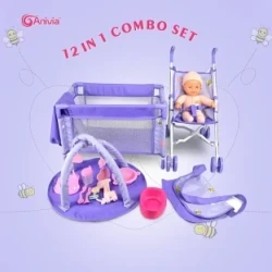 ANIVIA 5PCs Baby Doll Stroller Set - Baby Doll Accessories Set Includes Doll Stroller/Doll Crib/Play Mat/Feeding Toy/Diaper Bag, Nursery Role Play Set (27.94cm Doll Included), Halloween, Christmas, gift