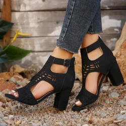 New High Square Heel Hollow Roman Shoes With Back Zipper For Women