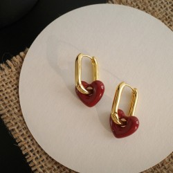 French Retro Wine Red Heart Pendant Earrings