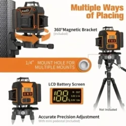 GZG 4x360 Self-Leveling Line Laser with 16 Lines, Green Beam, Pulse Mode for Construction, Tiling, Picture Hanging - USB Rechargeable, 18650 Series Lithium Battery, LCD Display, Remote Control, Lifting Base Included