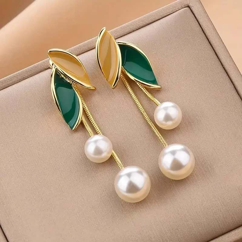 Enamel Leaf and Pearl Drop Earrings