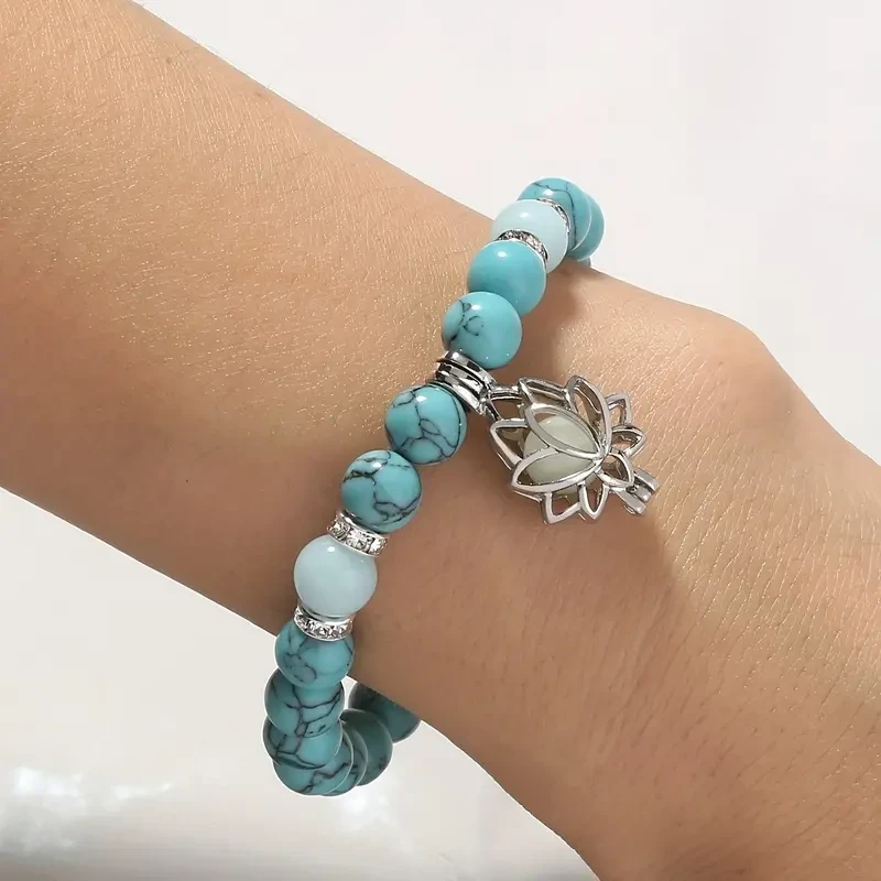 Radiant Lotus: Glow-in-the-Dark Turquoise Beaded Bracelet