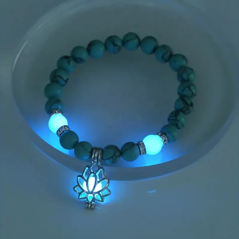 Radiant Lotus: Glow-in-the-Dark Turquoise Beaded Bracelet