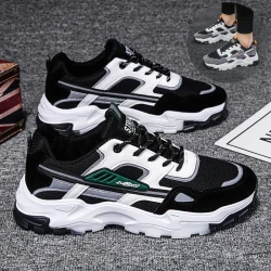 Men's Black & White Lace-up Mesh Sneakers