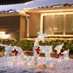 Enchanting White Crystal Reindeer Family Light-Up Decor - Battery Operated, Flashing Lights for Christmas & Halloween Outdoor Display