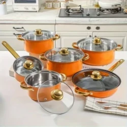 SENBOWE 12pcs Stainless Steel Cookware Set - Non-Stick, Includes Frying Pan & Lids, Perfect for Soups & Milk, Multifunctional Kitchen Essentials, Orange