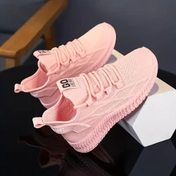 Girl's Trendy Woven Knit Breathable Running Shoes, Comfy Non Slip Lace Up Sneakers For Kids Outdoor Activities