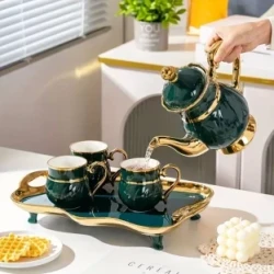 Elegant Ceramic Tea Set: Luxurious Green and Golden Water Kettle with Six Cups and a Tray - Perfect for Tea Time