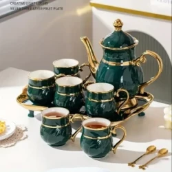 Elegant Ceramic Tea Set: Luxurious Green and Golden Water Kettle with Six Cups and a Tray - Perfect for Tea Time