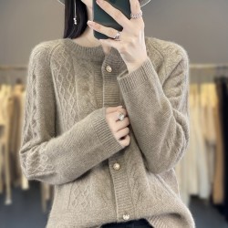 Round Neck Pure Wool Knit Cardigan Women's Long Sleeve Casual Simple